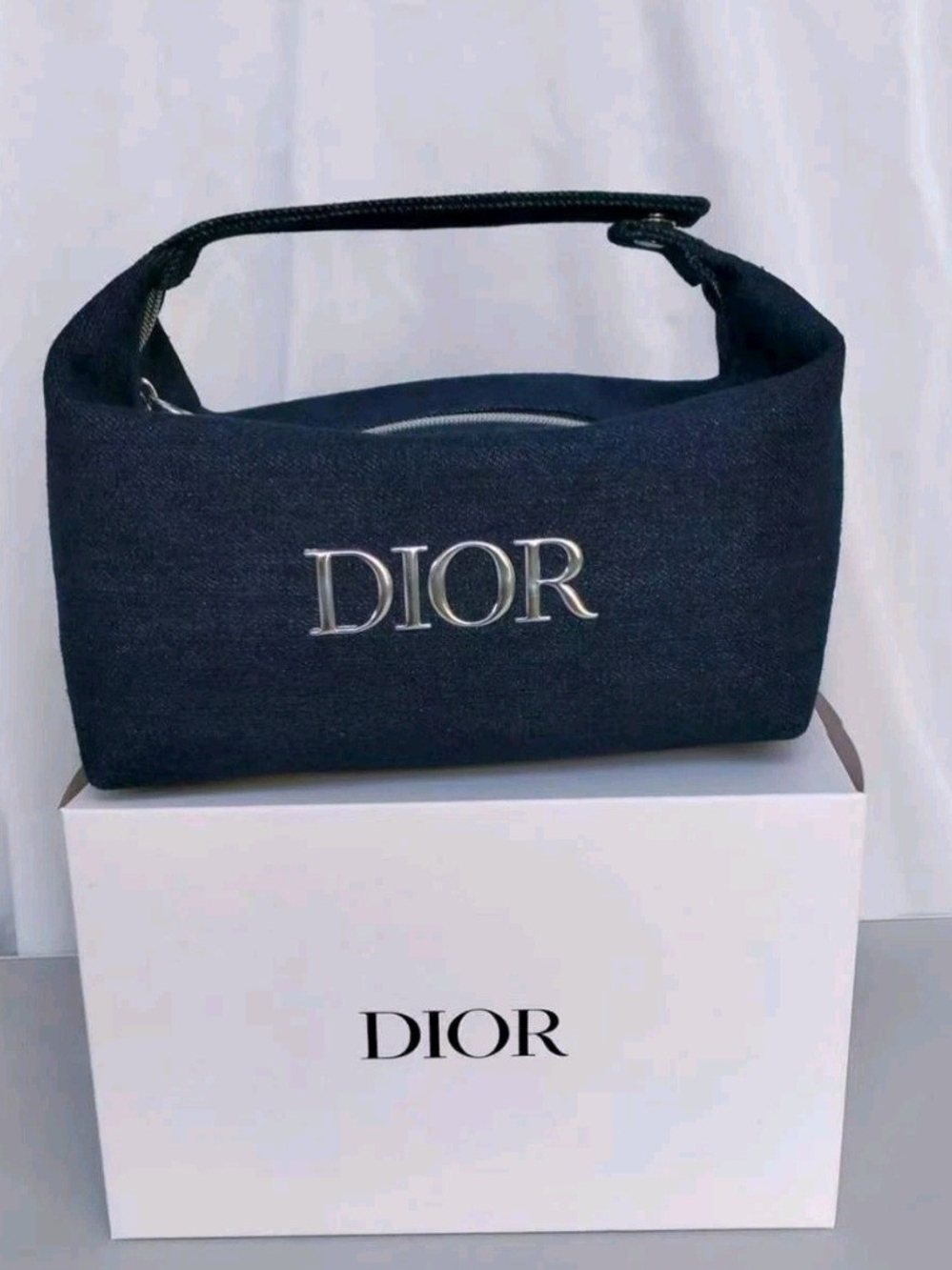 Dior Navy Blue Denim Logo Cosmetic Bag With Handle
